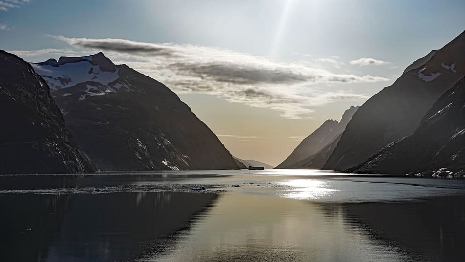 iceberg, against light, ice, prins christianssund, frozen, cold, sea, glacier, nature, greenland