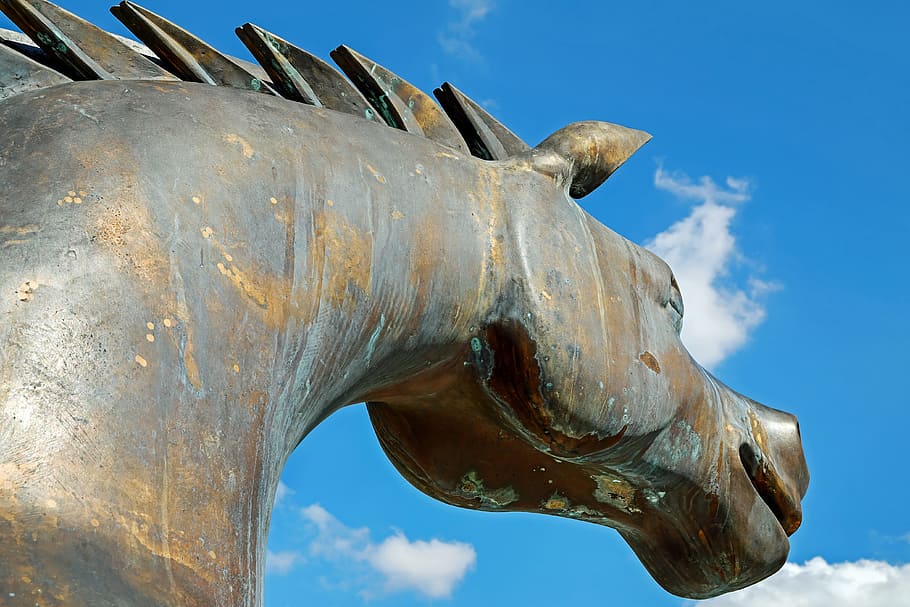 horse brass statute photo, sculpture, horse, steel ross, trojan horse, statue, bronze, bronze sculpture, art, artwork