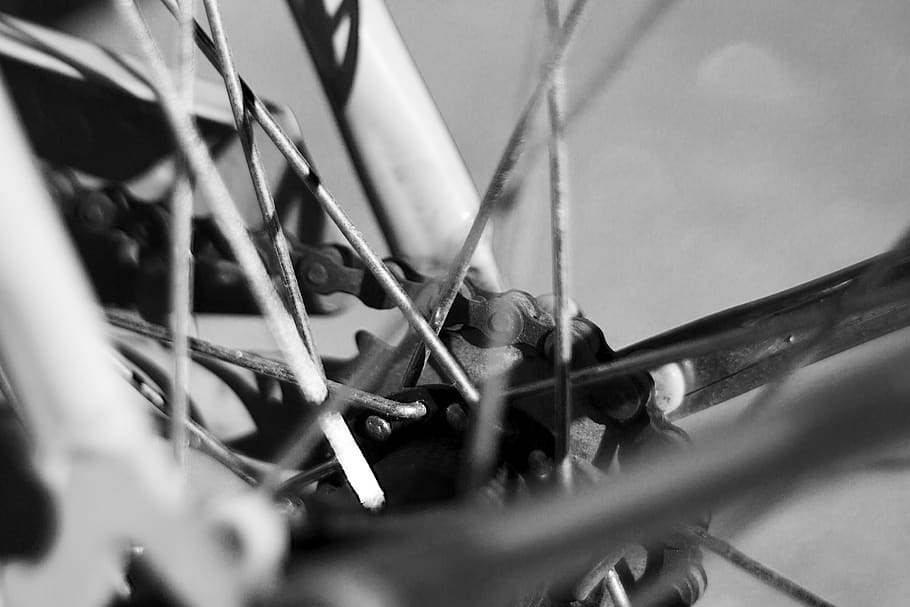 bike, black and white, bicycle, chain, bicycling, street, spoke, wheel, gear, back