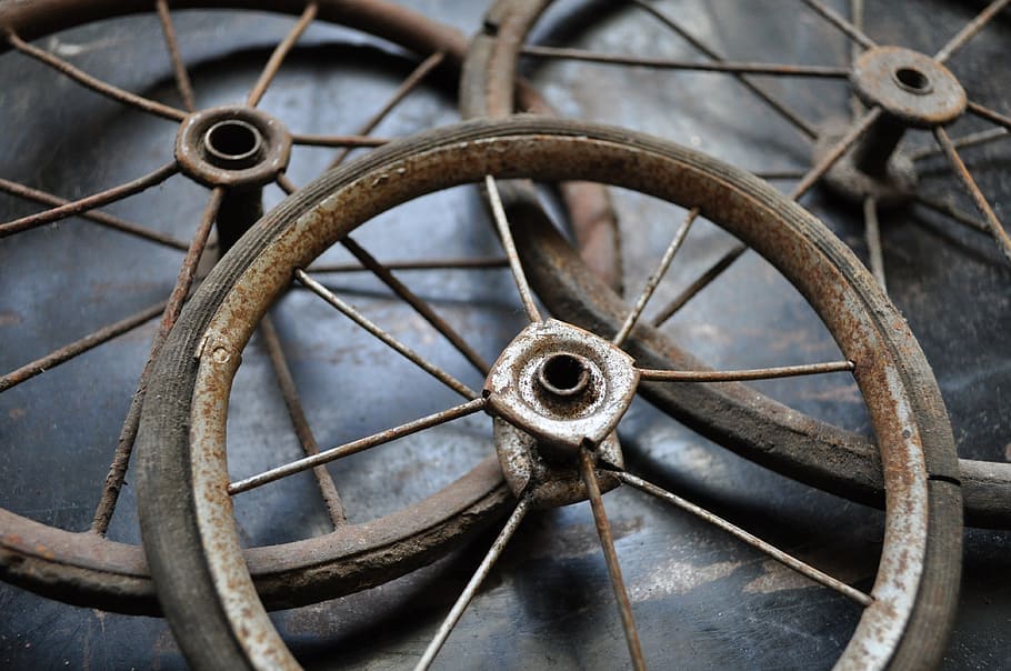 Antique, Vintage, Wheel, Buggy, Old, rusty, black, metal, damaged, flea market