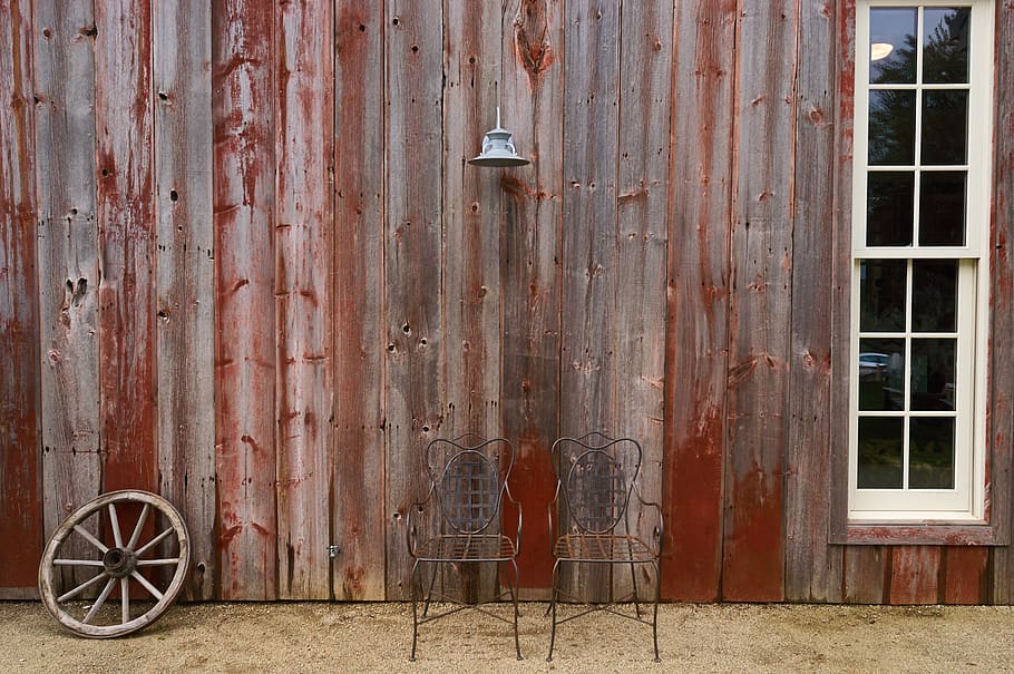 rustic, barn, Building, Chairs, Old, Scene, Wagon, Wheel, Window, boards