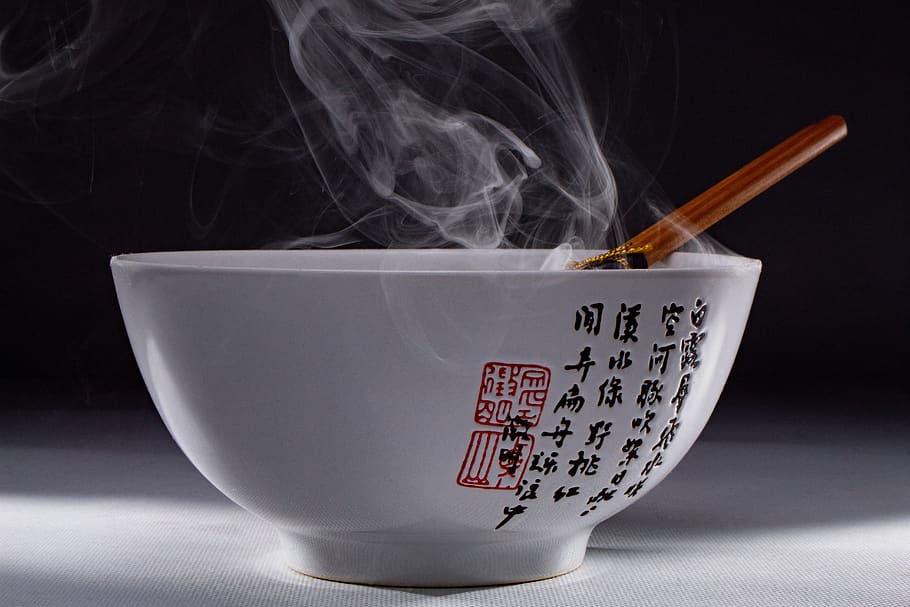 porcelana, cuenco, chino, sopa, comer, caliente, blanco, palillos chinos, zupka chińskaho, humo: estructura física