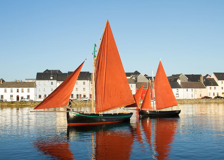 galway hookers, traditional sailing boats, galway, ireland, water, architecture, sky, nautical vessel, clear sky, waterfront