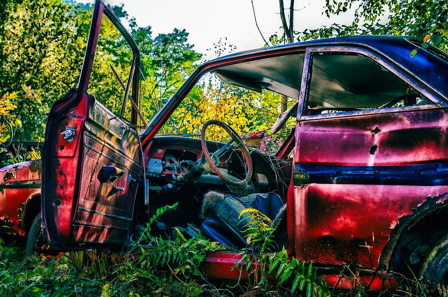 pkw, scrap, wreck, auto, rusted, rust, car wreck, decay, broken, nostalgia