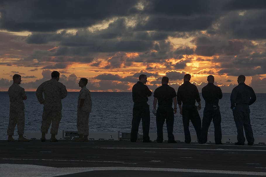 Sailors, Aircraft Carrier, Navy, military, ship, sunset, sundown, silhouette, ocean, sea