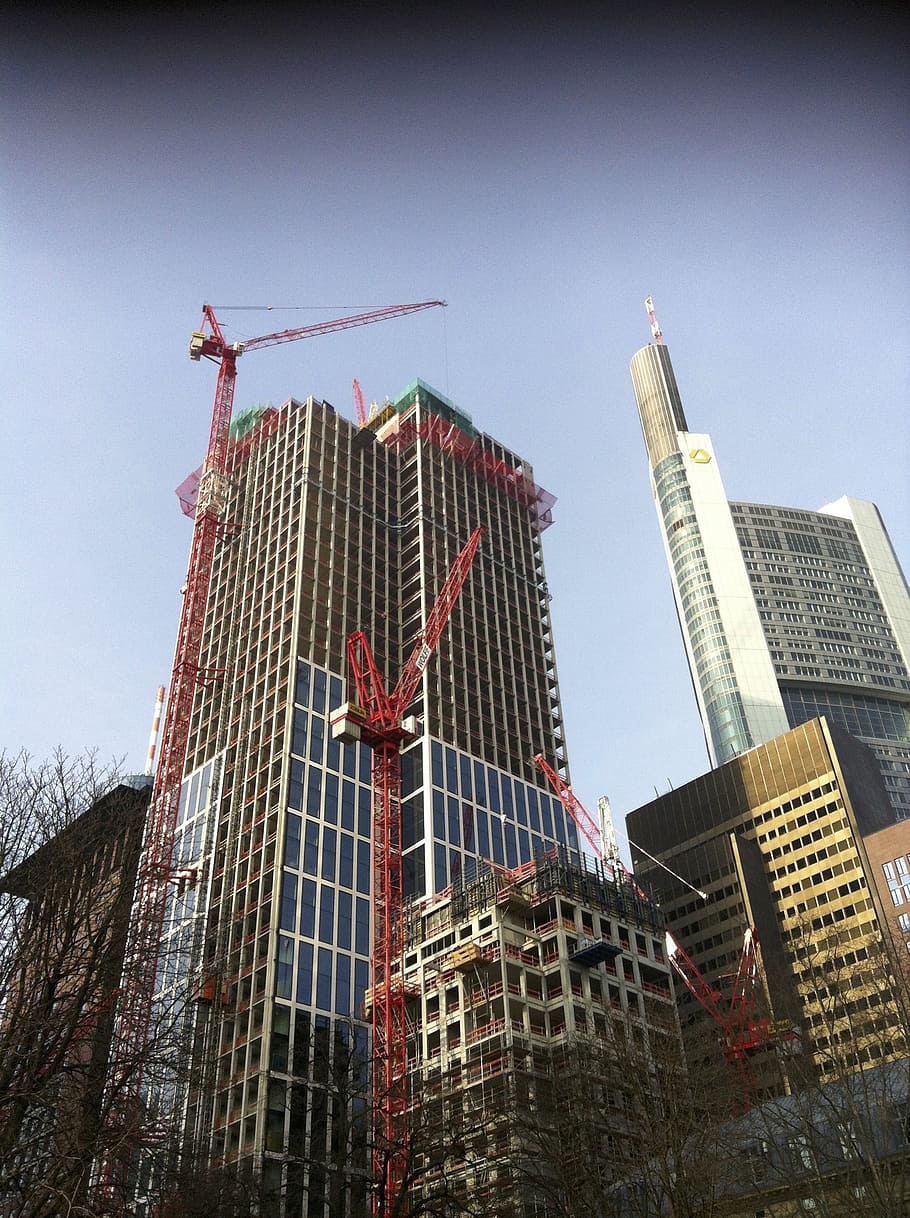 frankfurt, skyscrapers, build, crane, scaffold, baukran, site, construction work, city, city construction site