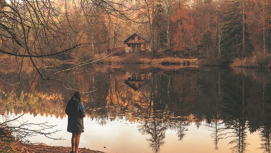 mulher, vestindo, cinza, casaco, em pé, margem do lago, dia, pessoas, sozinho, reflexão