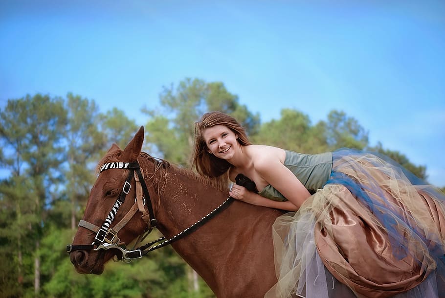 woman, green, brown, dress, riding, horse, girl, animal, female, nature