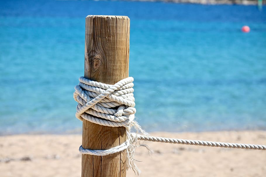 rope, tied, wooden, pole, sea, beach, costa, waters, sand, picket fence
