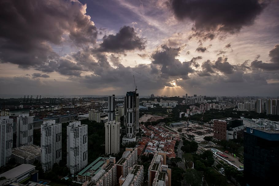 aerial, view, high-rise, building lot, ray, cloud, sunset, sky, light, sun
