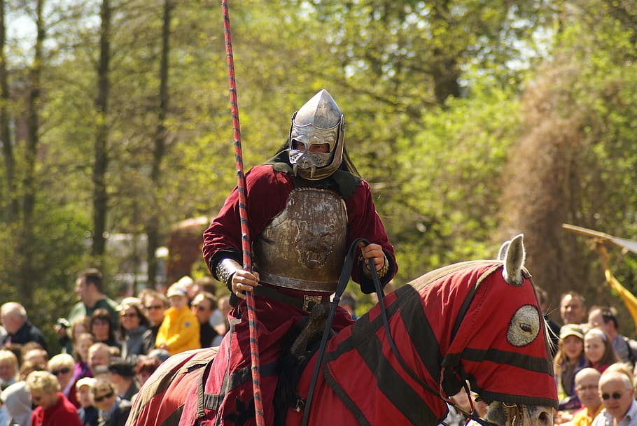 man, red, gray, knight suit, riding, horse, black, textile, knight, armor