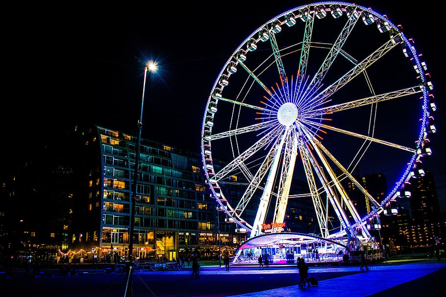 rotterdam, construction, ferris, big, wheel, night, illuminated, amusement park, amusement park ride, ferris wheel
