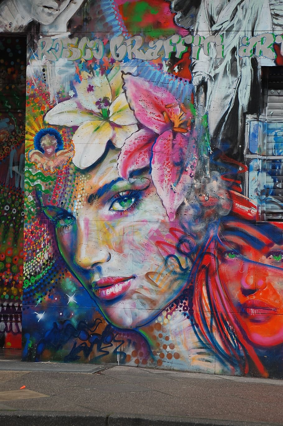 fotografia, parede de graffiti, grafite, mulher, arte de rua, cara, parede, retrato, spray, fantasia
