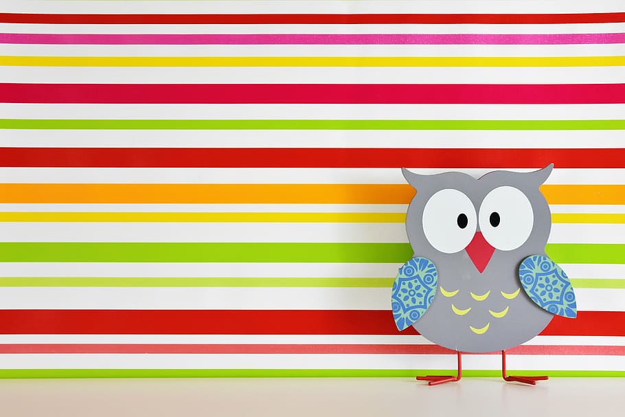 gray, owl cutout decor, standing, multicolored, striped, wall, owl, colorful, wood, painted