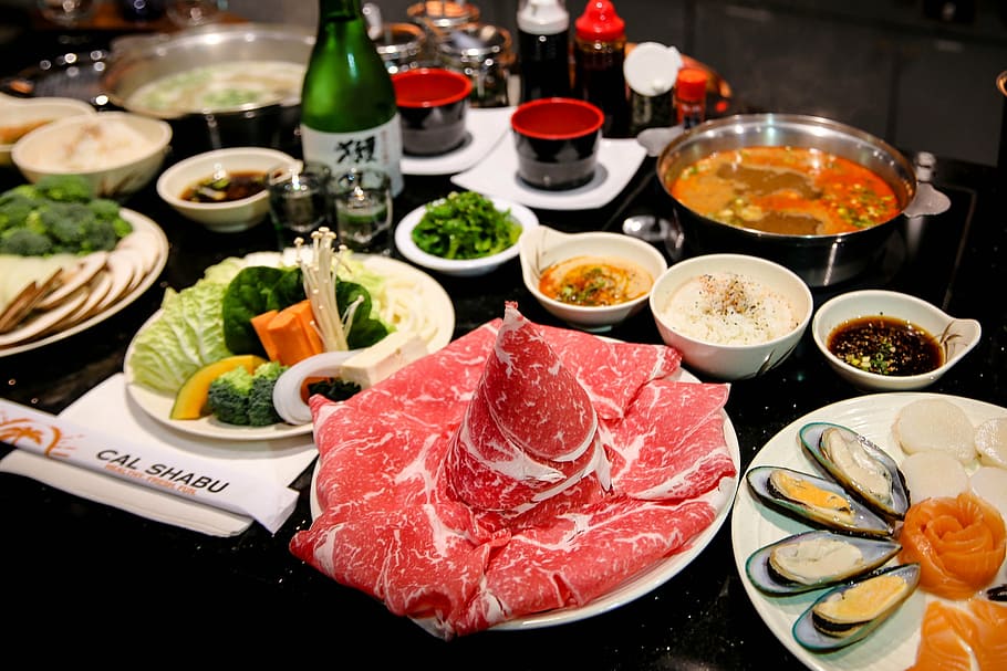 food photography, raw, meat, dips, shabu, shabu shabu, japanese, food, cooking, dinner