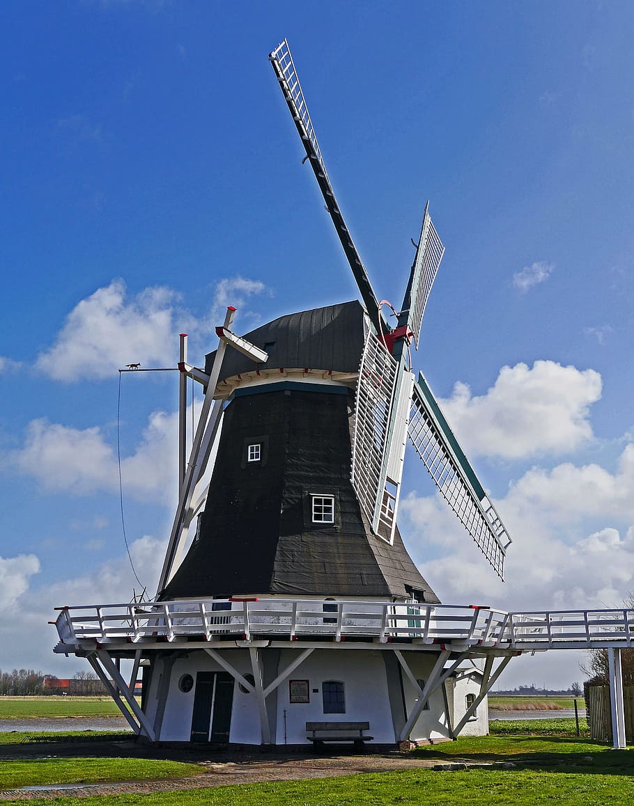 windmill, historically, monument, restored, can be run, slate, east frisia, mill, wind power, old