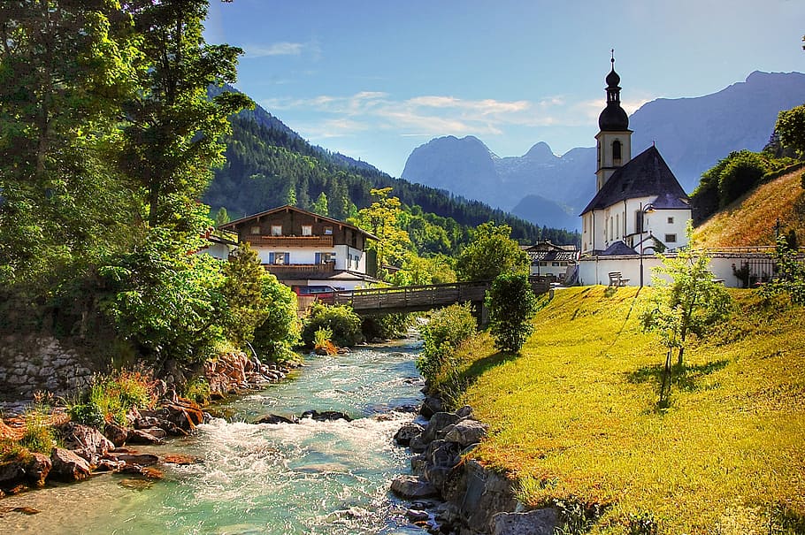 brown, painted, building, river, mountain, daytime, ramsau, church, christen, house of worship