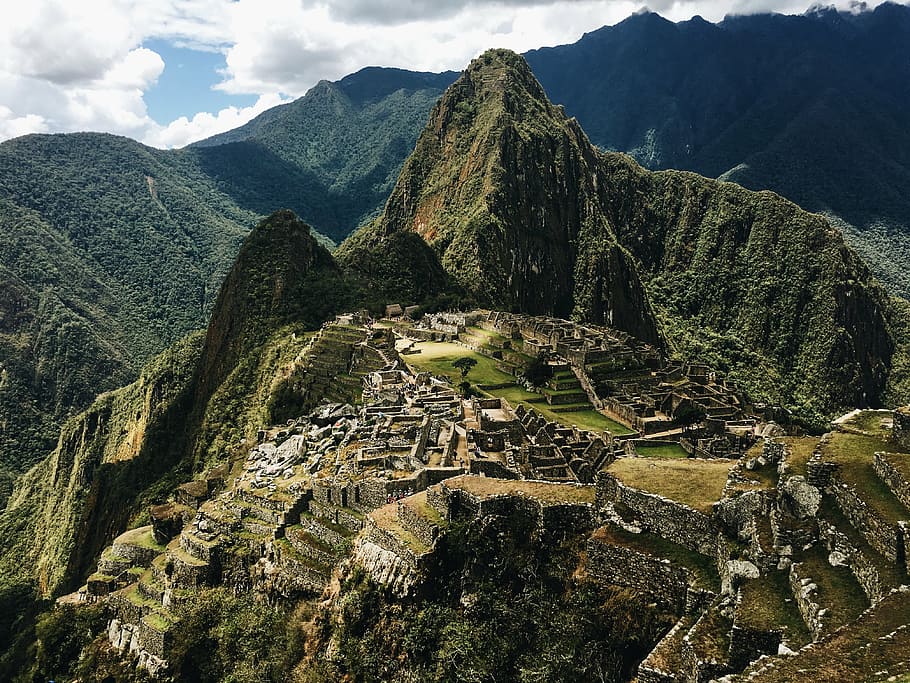 Machu Picchu, Perú, antena, vista, verde, roca, formación, montaña, tierras altas, pico