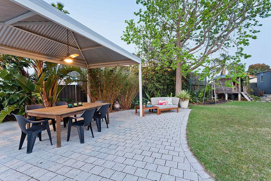 chairs, tables, trees, grass field, alfresco, dining, entertaining, lifestyle, kitchen, living