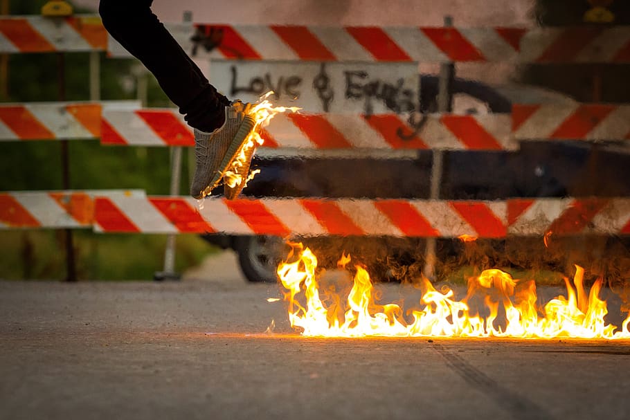 fire, shoes, flame, street, fence, road, jump, heat, smoke, burning