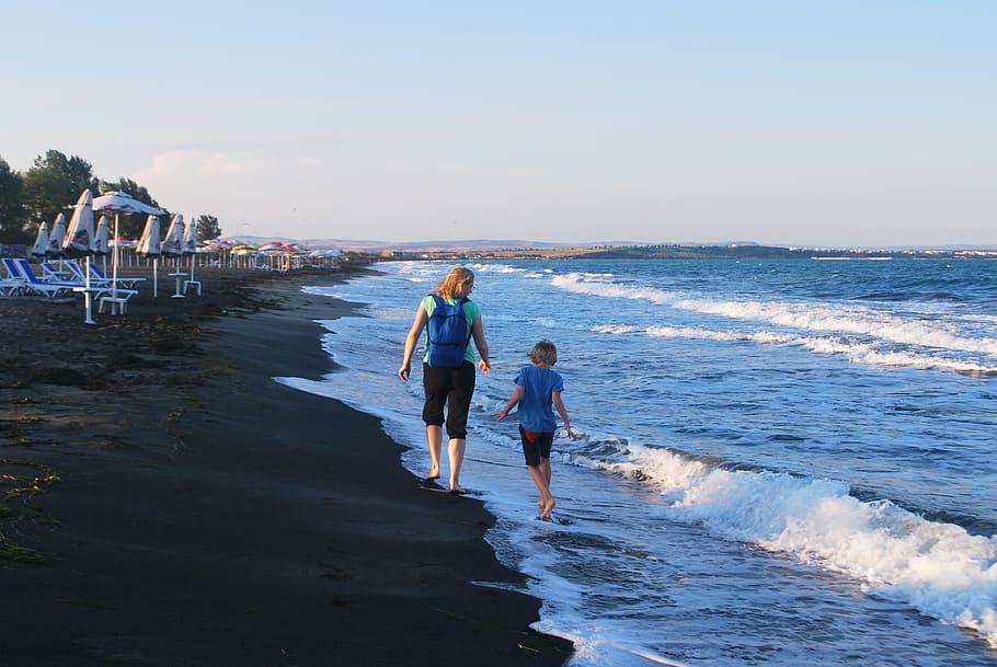 mother, daughter, seashore, Mother, Son, Walking, Sea, Seacoast, son, running, happy