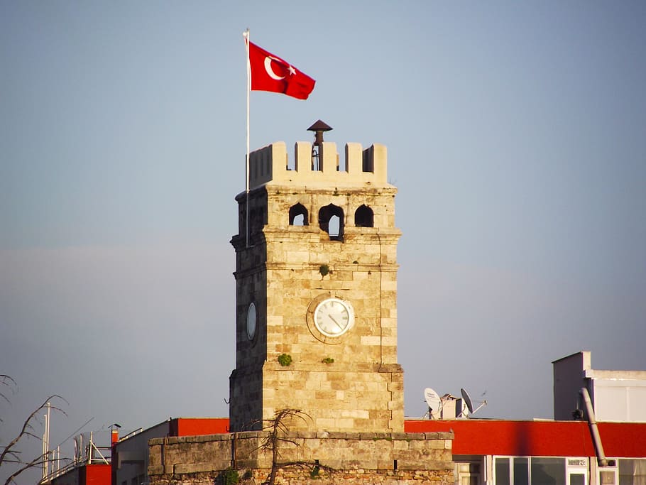 antalya, clock tower, flag, sky, architecture, built structure, tower, building exterior, clear sky, nature