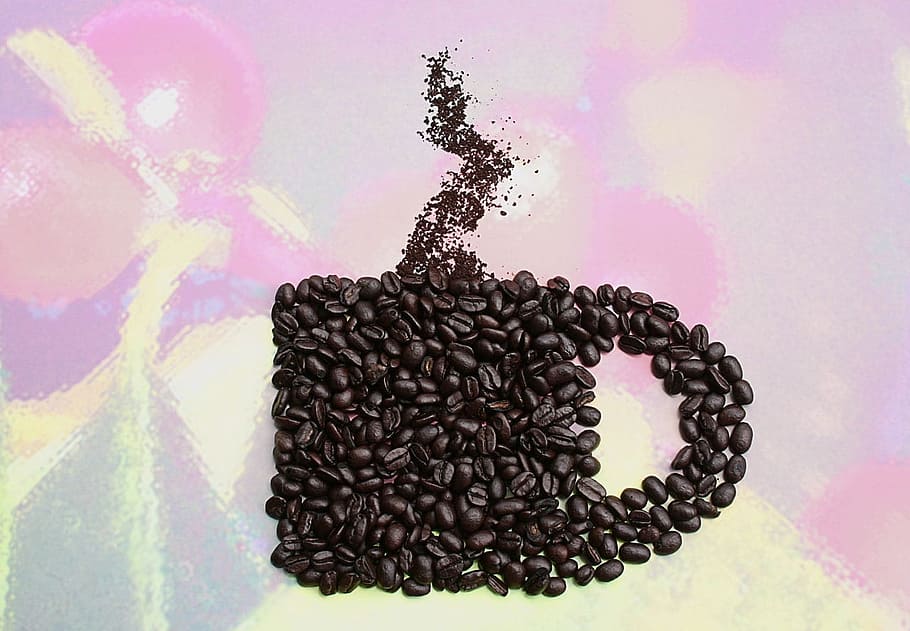 arte coffeebean, café, feijões, Java, cafeína, escuro, feijão, assado, copo, caneca