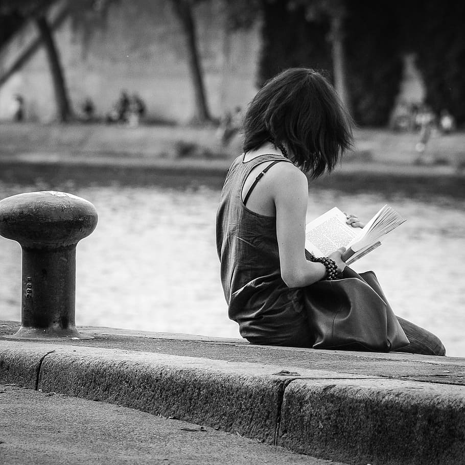 woman, sitting, pavement reading book, girl, seine, paris, reading, book, relax, education