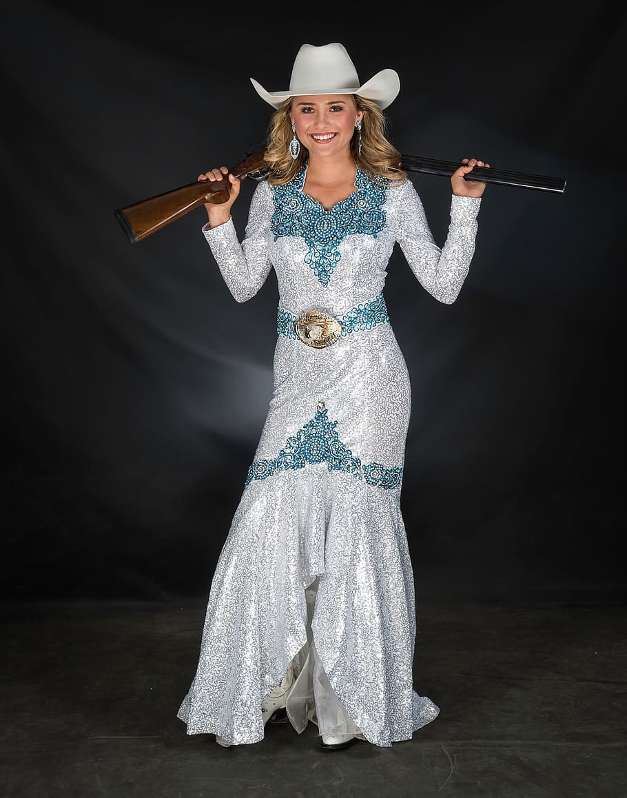 cowgirl, barrel racer, rodeo, one person, full length, clothing, looking at camera, front view, standing, portrait