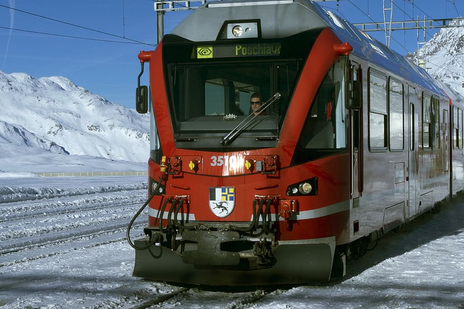 Train, Pull, St Moritz, Bernina, red, panoramic, snow, winter, cold temperature, weather