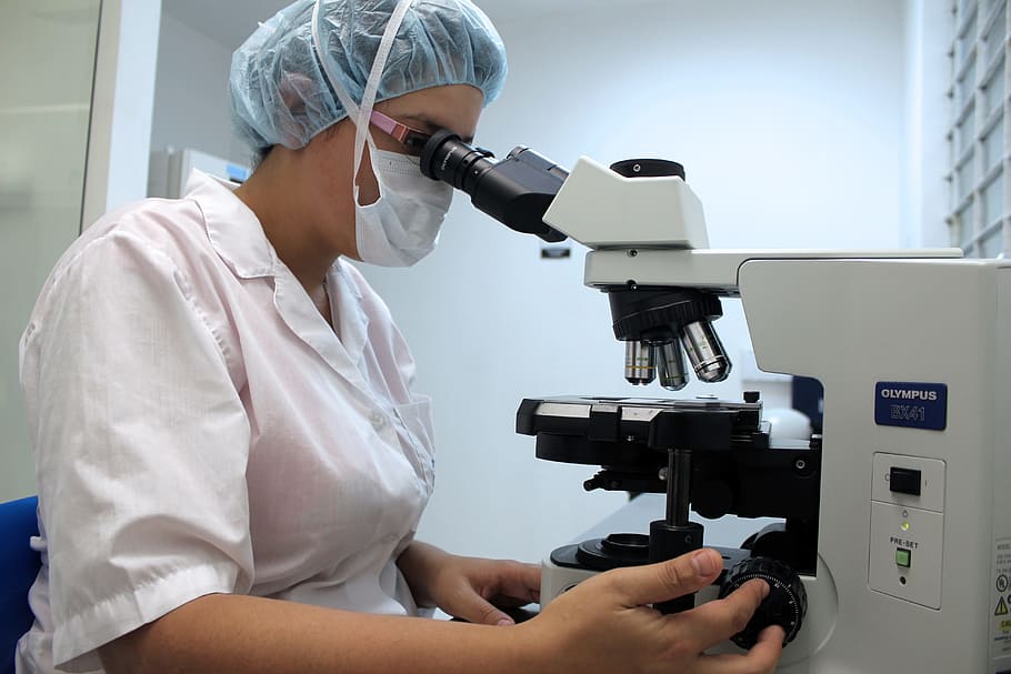 woman using microscope, Microscope, Diagnosis, Lab, Veterinary, semen, cells, white, tests, particles