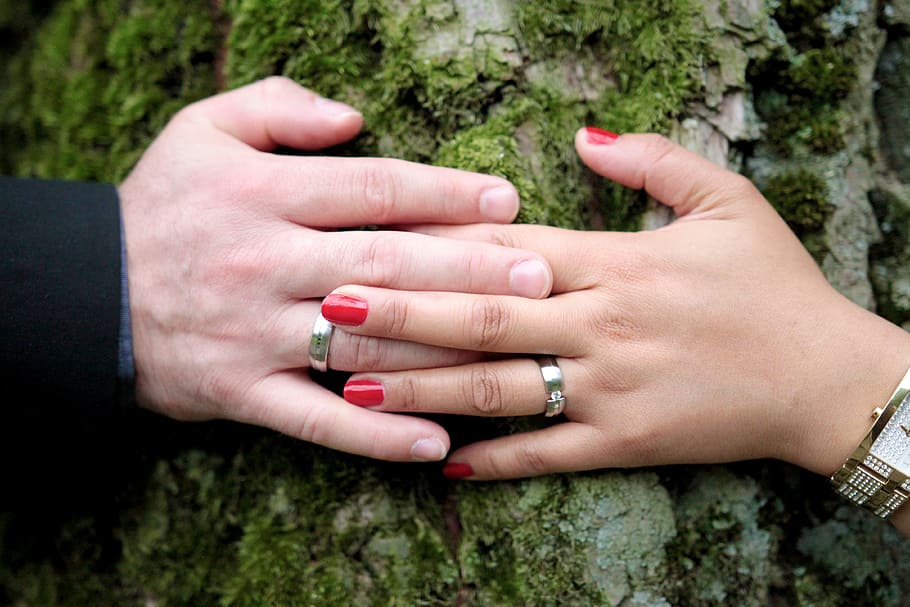 man, woman, holding, hands, wedding, wedding ring, love, marriage, church, tree