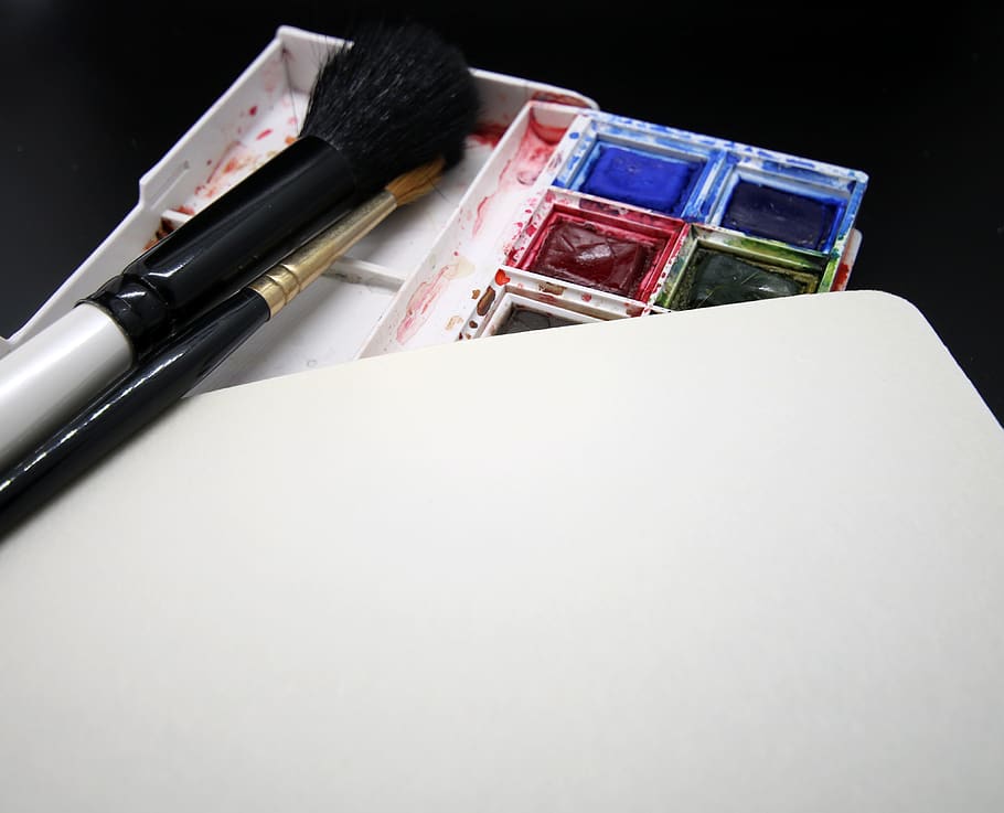 caja de pinturas, pinceles, color, brillante, pasatiempo, pincel, desordenado, paleta, creatividad, creativa