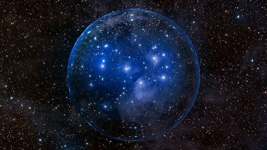 imagem da estrela, Pleiades Star Cluster, o aglomerado de estrelas das Plêiades, bola, galáxia, neblina, kosmus, universo, via láctea, céu noturno