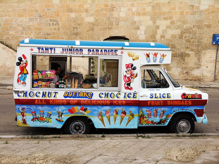 Gelo, caminhão de sorvete, sorvete, vendas de sorvete, gelateria, doces, loja móvel, venda de rua, tiro na cabeça, transporte