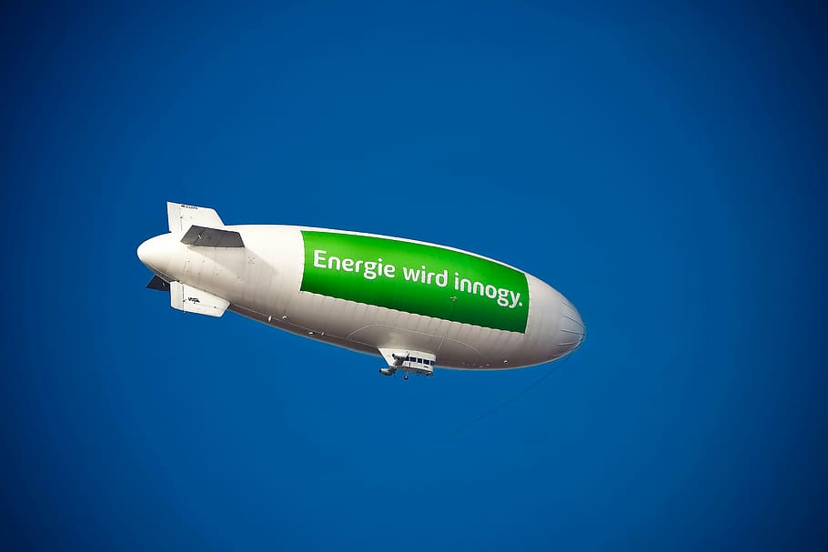 blanco, verde, dirigible impreso en inocencia, zeppelin, dirigible, avión, cielo, mosca, unidad, flotador