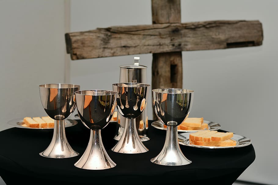 four silver goblets, last supper, the bread and wine, eucharist chalice, supper dishes, passion, celebration of holy communion, the breaking of bread, christian faith, cross