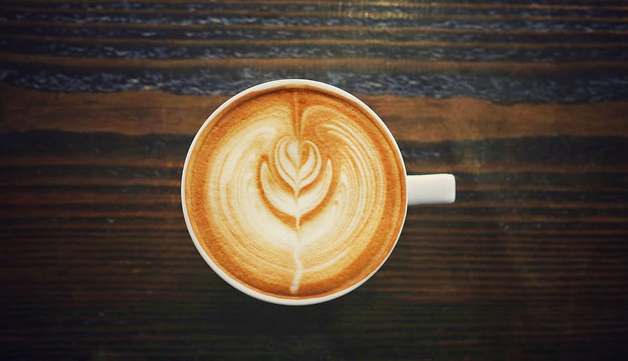 hot, drink, white, cup, coffee, latte, art, milk, froth, wooden