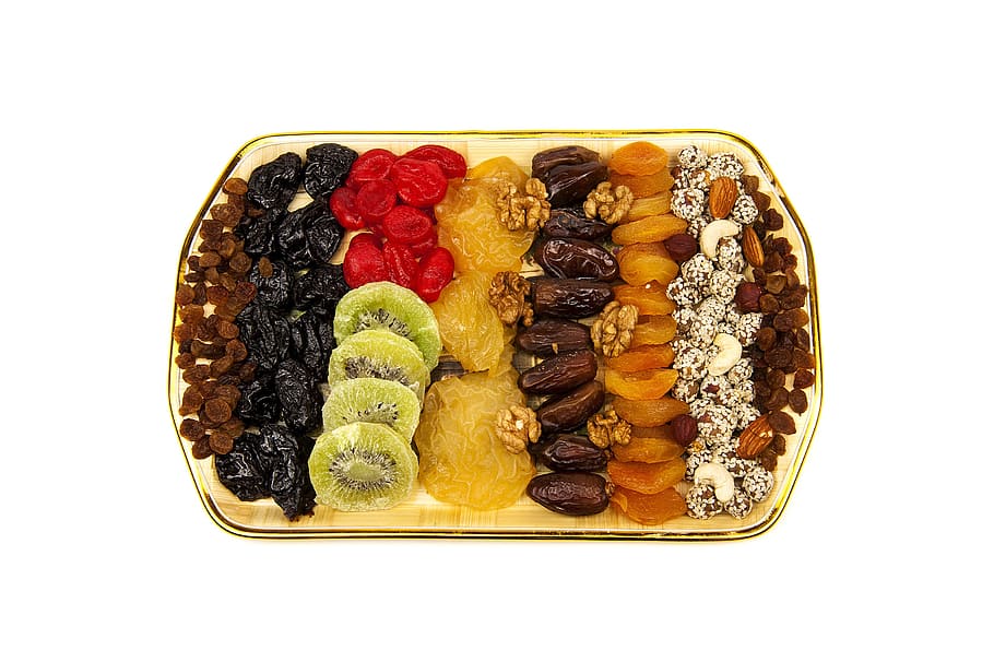 assorted, fruits, tray, dried fruits, mixed, nutrition, fruit, candied fruits, market, raisins