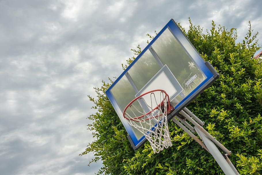 blue, white, basketball system, basketball ring, clouds, activity, basketball, hoop, outdoor, street
