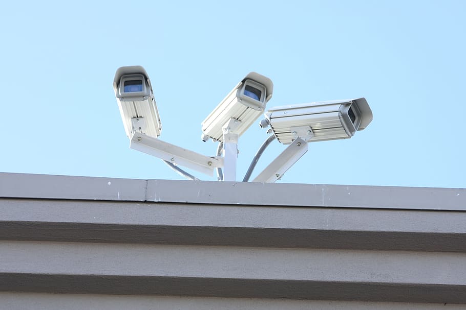 three, white, CCTV camera, video, camera, surveillance camera, security, monitoring, low angle view, day
