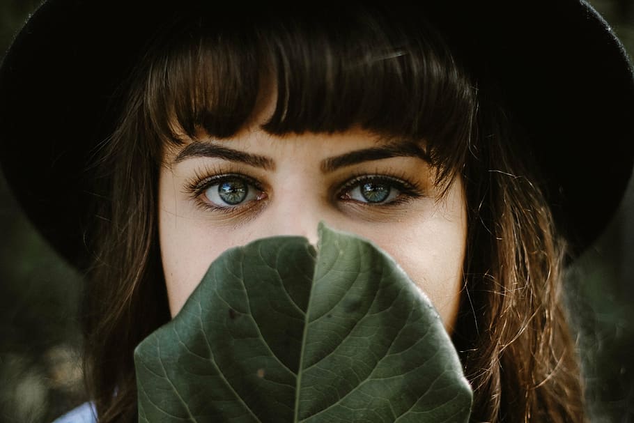 woman, covering, mouth, green, leaf, cover, people, girl, face, eyes