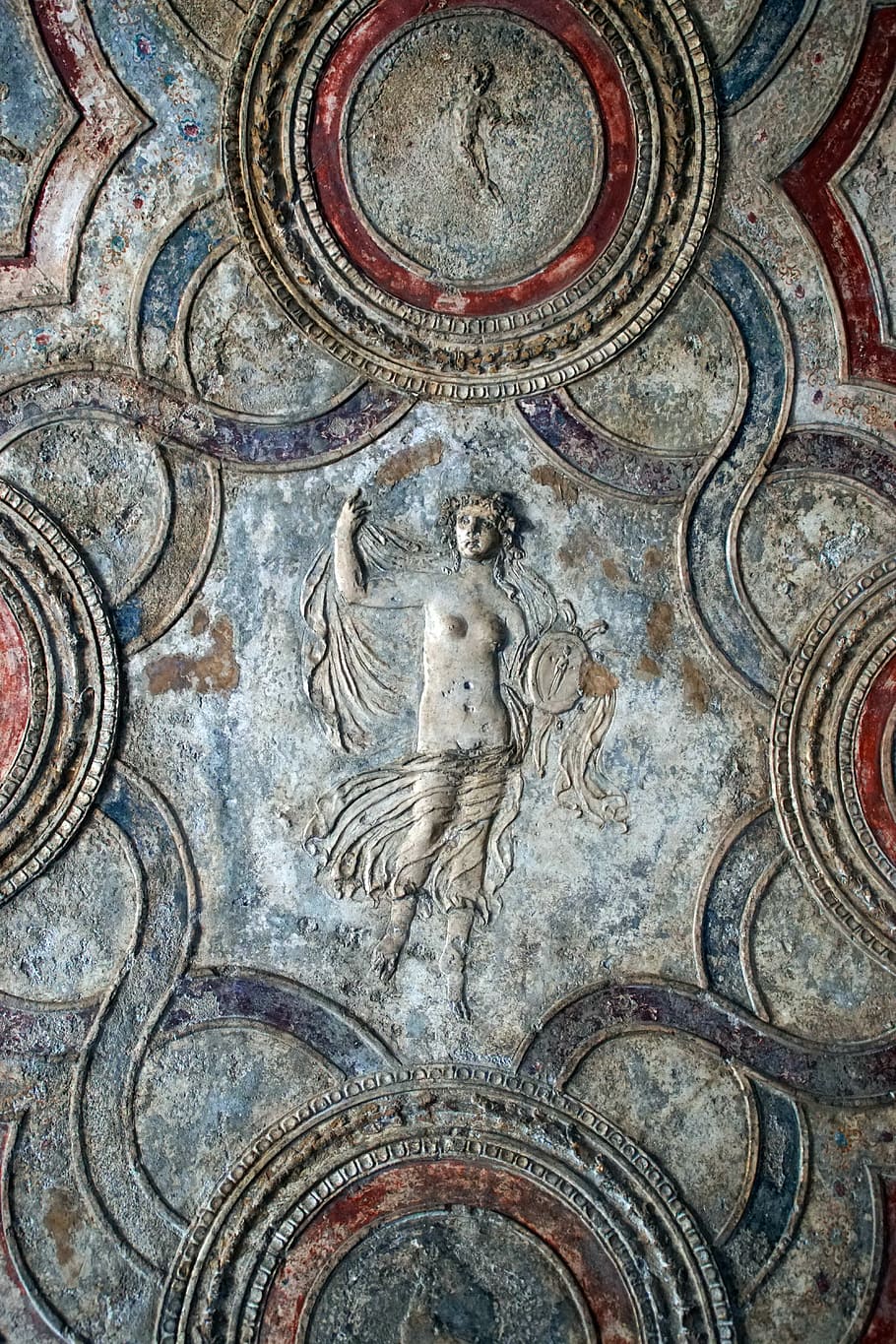 Pompeya, fresco, escultura, romano, antiguo, Italia, alto relieve, ruinas antiguas, friso antiguo, representación humana