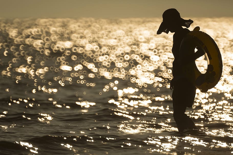 Mujer, cuerpo, agua, puesta de sol, busan, lana ligera para hombre, bokeh, lado del mar, playa, mar