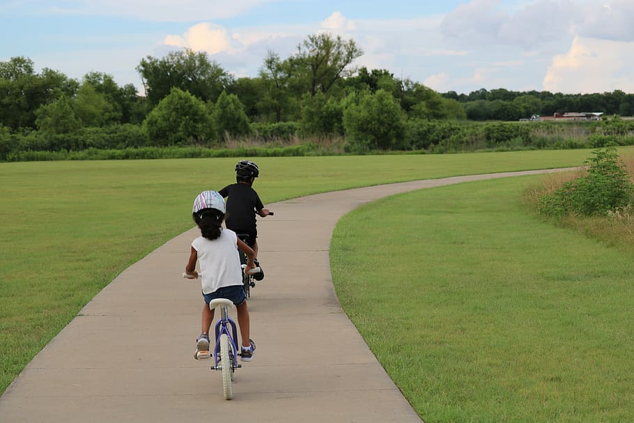 boy, girl, riding, bicycles, daytime, bikes, kids, children, summer, exercise