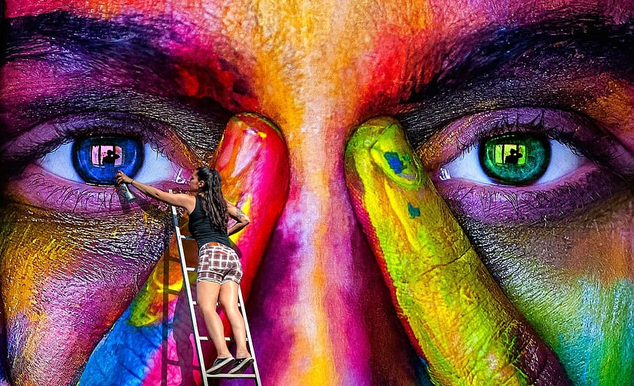 human eye, wall art, spray, graffiti, woman, color, colorful, head, art, spray paint