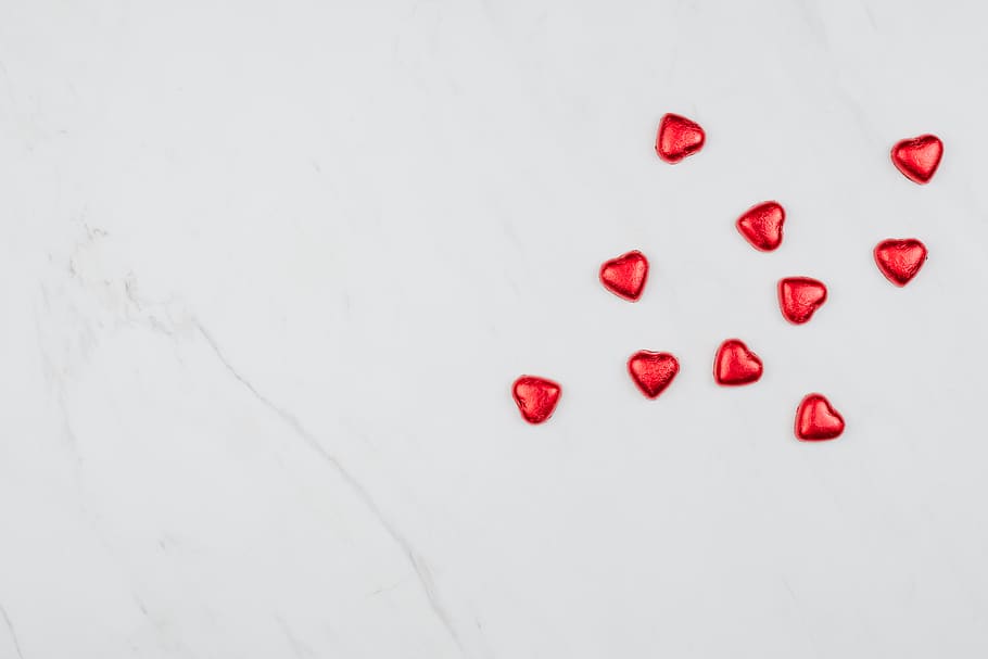 Valentine, praline, copy space, flat, flat lay, Background, Red, Hearts, white, Marble