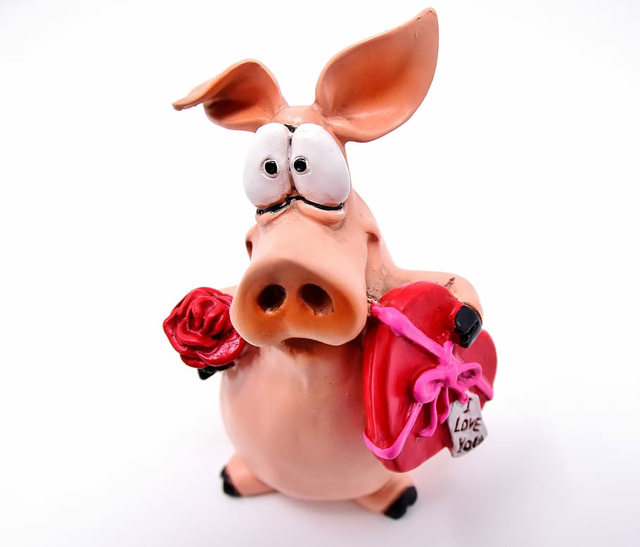 pink pig figurine, piglet, figure, lucky pig, love, valentine's day, heart, affection, cute, decorative
