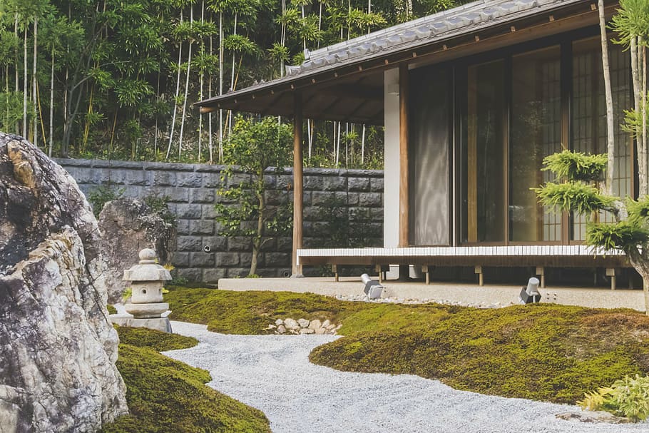 японский дом, озеро, Деревьями, Япония, Культура, дом, Зеленый, природа, сад, стакан