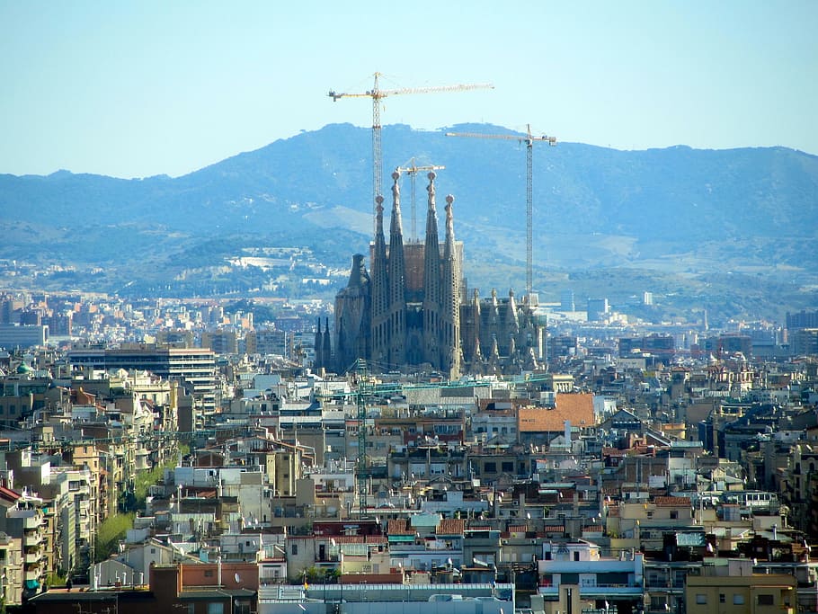 high, rise buildings, mountain, barcelona, church, spain, places of interest, cathedral, gaudí, sagrada família